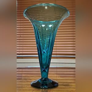 Mid Century Blenko Art Glass Blue Green Hand Blown Trumpet Vase